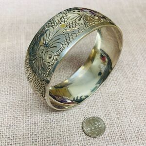 Silver Floral Etched Wide Bangle Bracelet‎